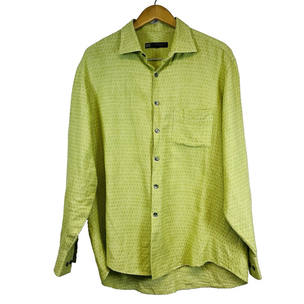 Robert Barakett Mens Shirt Size XL Linen Blend Chartreuse Casual Vacation Office